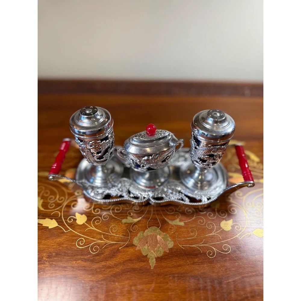 Vintage Japanese Condiment Set • Silver Plate Dragon Motif with Cobalt Glass